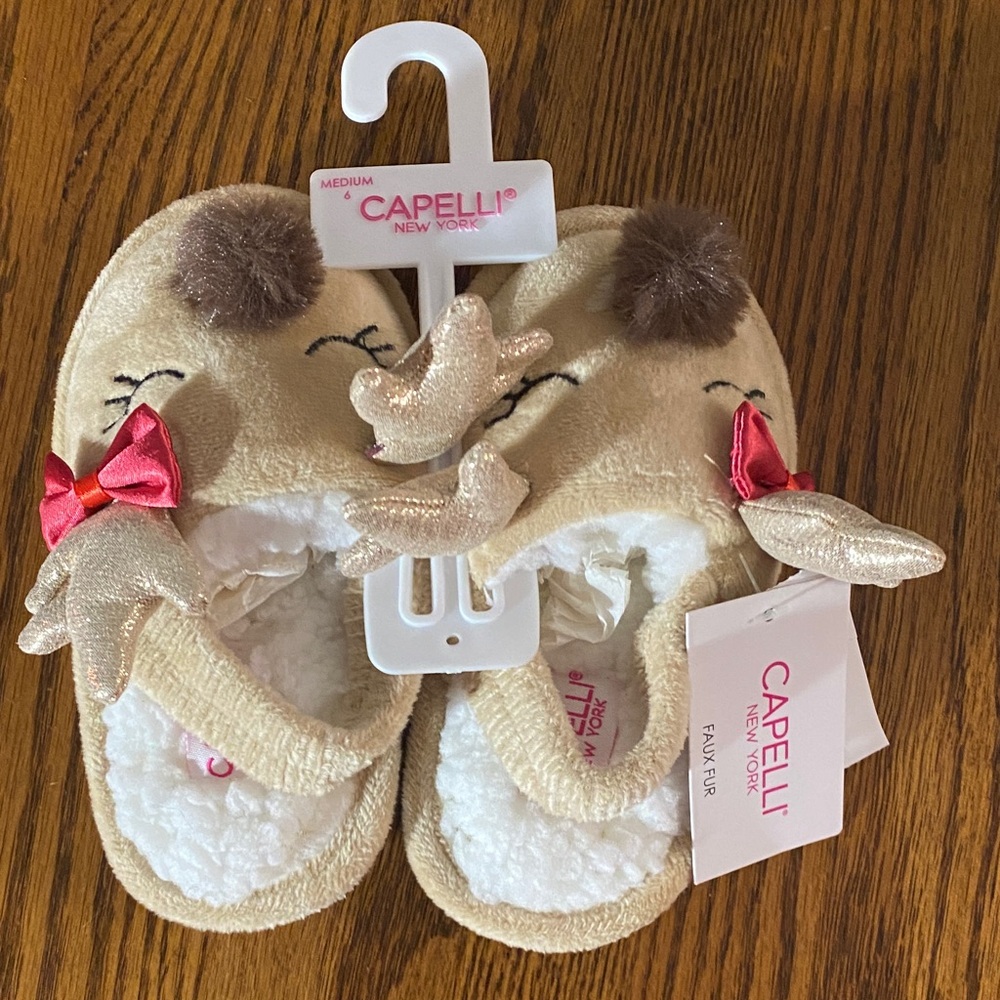 Capelli of New York Tan Kids Reindeer Slippers with Red and Gold Accents